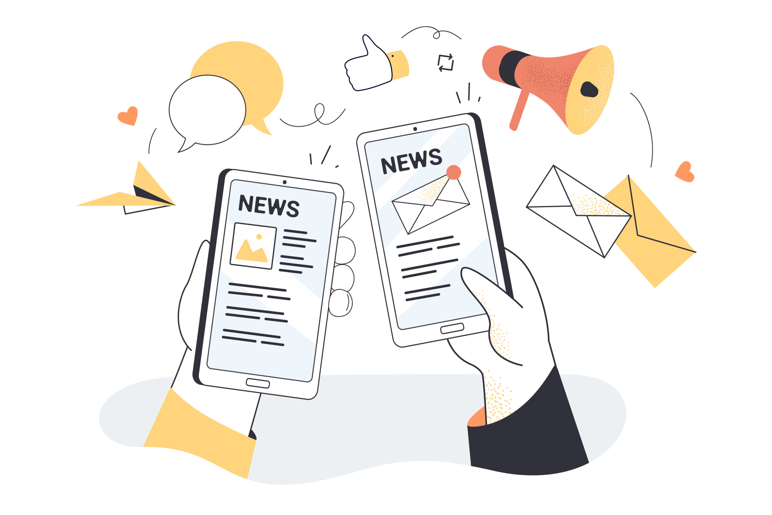 Hand holding smartphones with online newspaper, newsletter